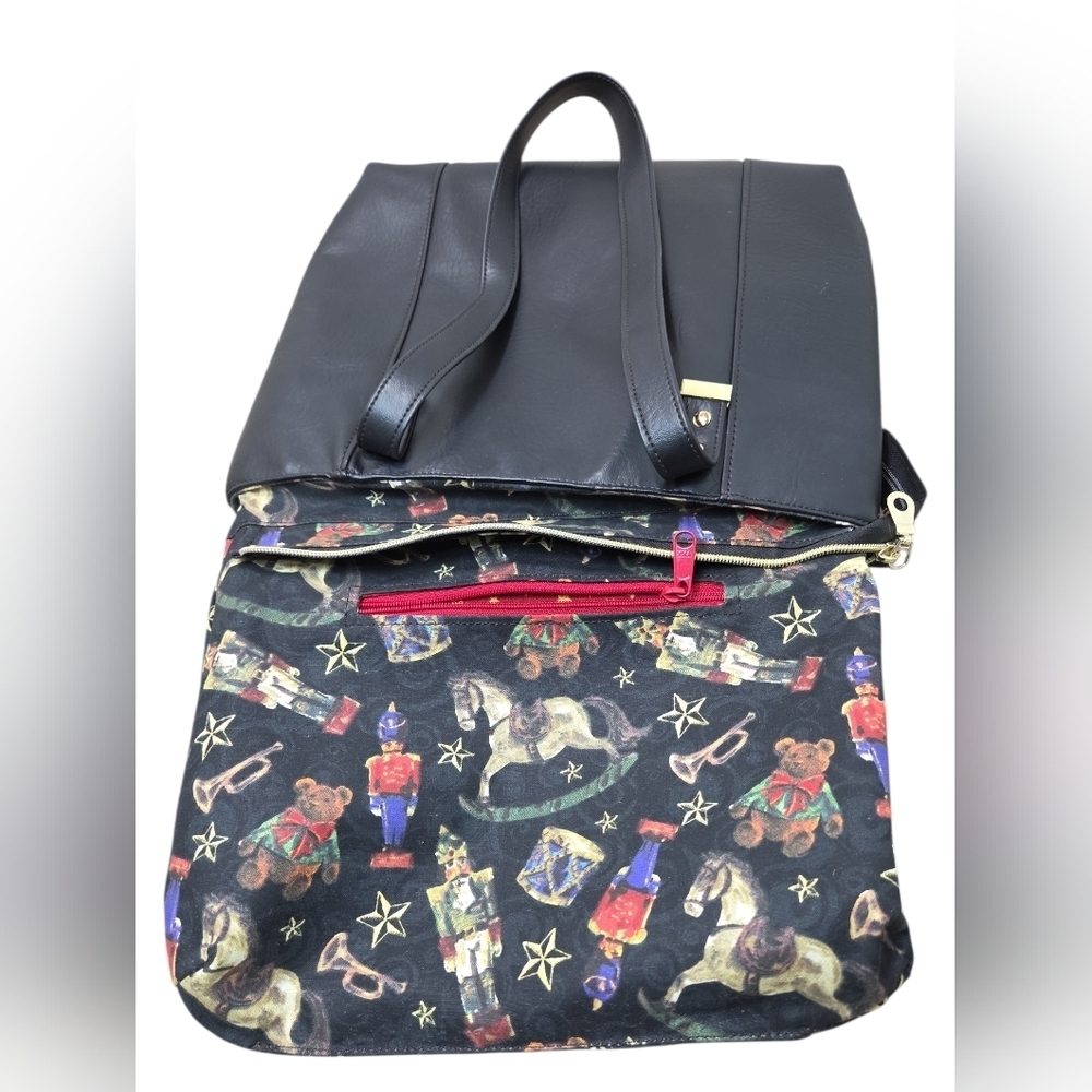 Whimsical Embroidered Christmase Tote Chickadees, Clogs & Sleigh Faux Leather - Picture 10 of 16